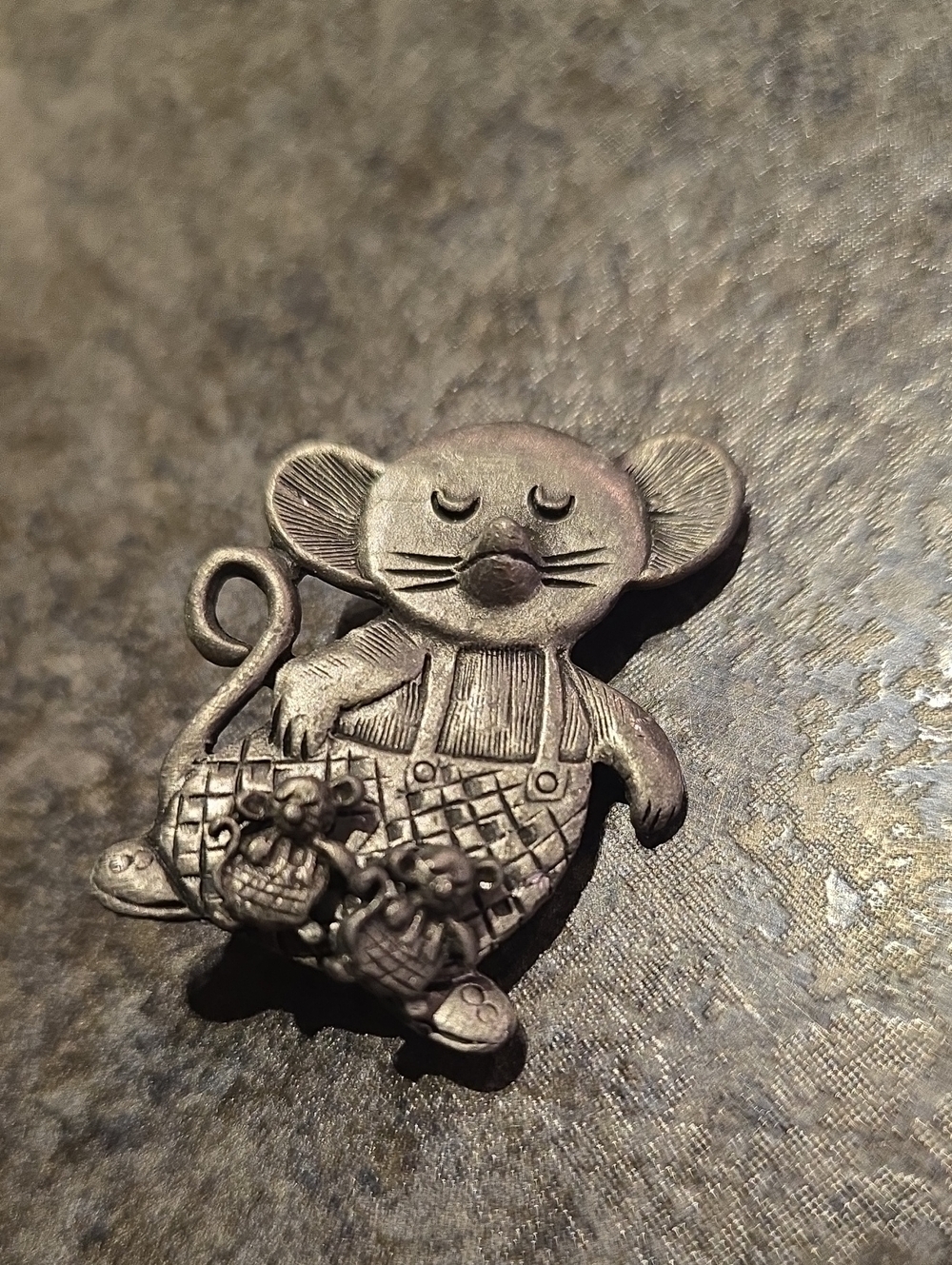 Vintage Torino Pewter Mother Mouse Brooch & Baby Mice Earrings Set 1970s 1980s